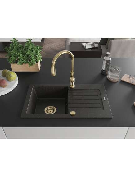 Mexen Pablo zlewozmywak granitowy 1-komorowy z ociekaczem i baterią kuchenną Savita, czarny/złoty metalik - 6510-75-672601-50, 3 image