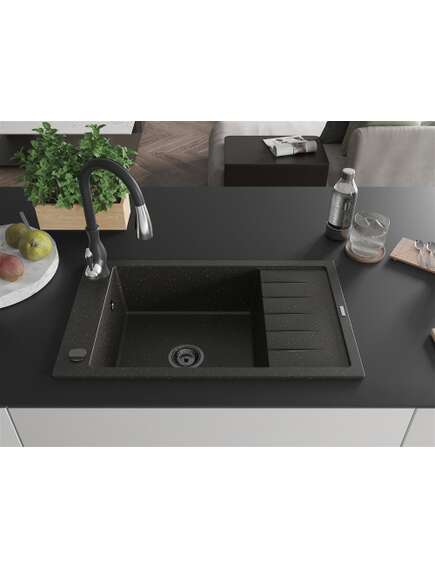 Mexen Elias zlewozmywak granitowy 1-komorowy z ociekaczem i baterią kuchenną Savita, czarny/złoty metalik - 6511-75-672601-70-B, 3 image