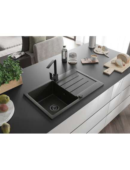 Mexen Bruno zlewozmywak granitowy 1-komorowy z ociekaczem i baterią kuchenną Rita, czarny/złoty metalik - 6513-75-670300-70-B, 2 image