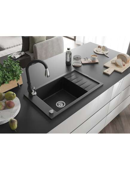 Mexen Elias zlewozmywak granitowy 1-komorowy z ociekaczem i baterią kuchenną Savita, czarny - 6511-77-672601-70, 2 image