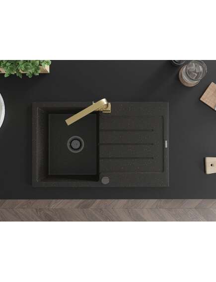 Mexen Bruno zlewozmywak granitowy 1-komorowy z ociekaczem i baterią kuchenną Rita, czarny/złoty metalik - 6513-75-670300-50-B, 4 image