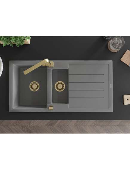 Mexen Andres zlewozmywak granitowy 1,5-komorowy z ociekaczem i baterią kuchenną Rita, szary - 6515-71-670300-50, 4 image