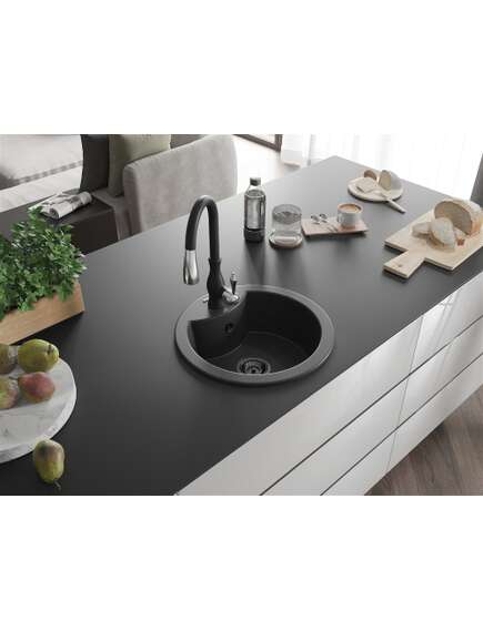 Mexen Diego zlewozmywak granitowy 1-komorowy z baterią kuchenną Savita, czarny nakrapiany - 6512-76-672601-70-B, 2 image