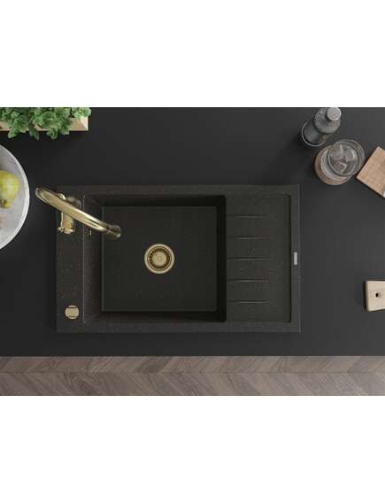 Mexen Elias zlewozmywak granitowy 1-komorowy z ociekaczem i baterią kuchenną Savita, czarny/złoty metalik - 6511-75-672601-50, 4 image