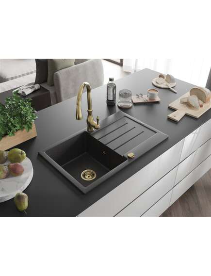 Mexen Bruno zlewozmywak granitowy 1-komorowy z ociekaczem i baterią kuchenną Savita, czarny nakrapiany - 6513-76-672601-50, 2 image