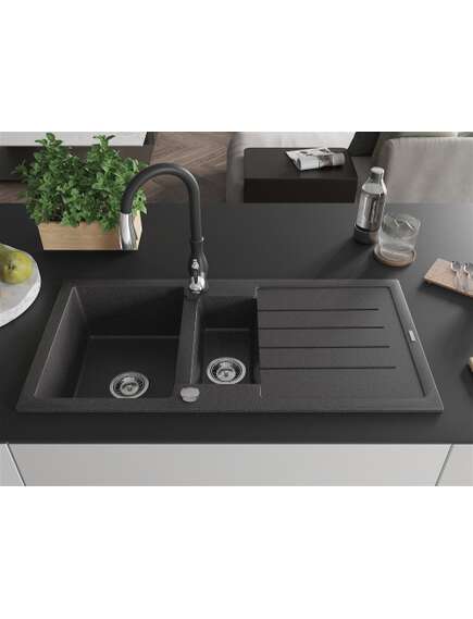 Mexen Andres zlewozmywak granitowy 1,5-komorowy z ociekaczem i baterią kuchenną Savita, czarny nakrapiany - 6515-76-672601-70, 3 image