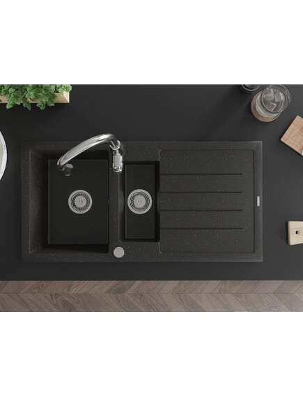 Mexen Andres zlewozmywak granitowy 1,5-komorowy z ociekaczem i baterią kuchenną Savita, czarny/złoty metalik- 6515-75-672601-00, 4 image