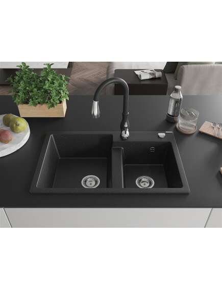 Mexen Tomas zlewozmywak granitowy 2-komorowy z baterią kuchenną Savita, czarny/srebrny metalik - 6516-73-672601-70, 3 image