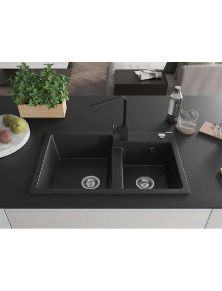 Mexen Tomas zlewozmywak granitowy 2-komorowy z baterią kuchenną Rita, czarny/srebrny metalik - 6516-73-670300-70, 3 image