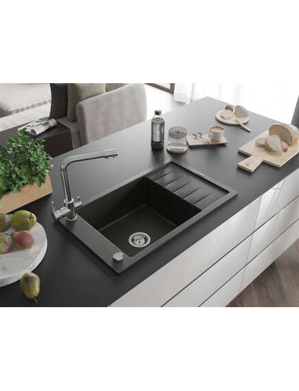 Mexen Elias zlewozmywak granitowy 1-komorowy z ociekaczem i baterią kuchenną Duero, czarny/złoty metalik - 6511-75-671600-00, 2 image