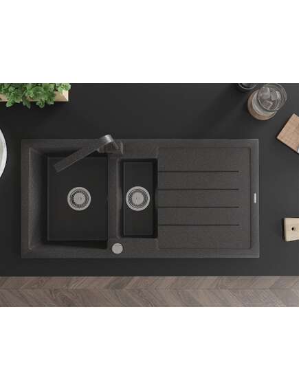 Mexen Andres zlewozmywak granitowy 1,5-komorowy z ociekaczem i baterią kuchenną Rita, czarny nakrapiany - 6515-76-670300-76, изображение 4