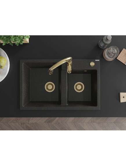 Mexen Tomas zlewozmywak granitowy 2-komorowy z baterią kuchenną Savita, czarny/złoty metalik - 6516-75-672601-50, изображение 4
