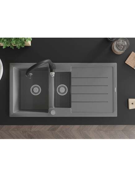Mexen Andres zlewozmywak granitowy 1,5-komorowy z ociekaczem i baterią kuchenną Savita, szary - 6515-71-672601-70, изображение 4