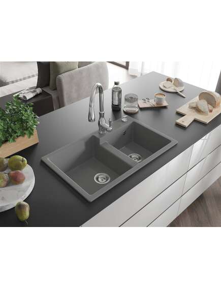 Mexen Tomas zlewozmywak granitowy 2-komorowy z baterią kuchenną Savita, szary - 6516-71-672601-00, 2 image