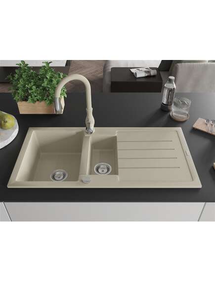 Mexen Andres zlewozmywak granitowy 1,5-komorowy z ociekaczem i baterią kuchenną Savita, beżowy - 6515-69-672601-69, изображение 3