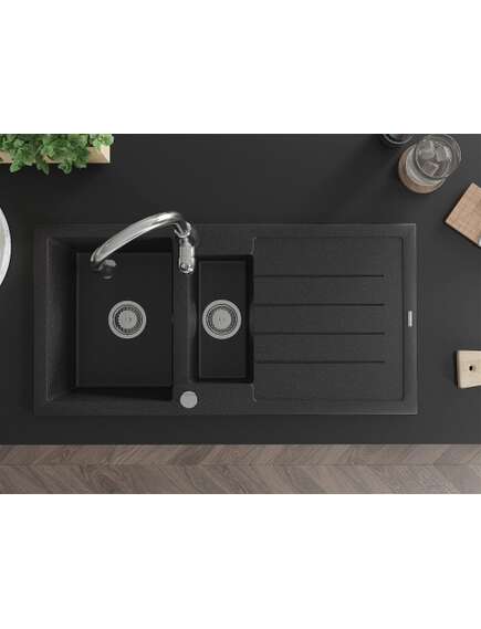 Mexen Andres zlewozmywak granitowy 1,5-komorowy z ociekaczem i baterią kuchenną Savita, czarny/srebrny - 6515-73-672601-00, 4 image