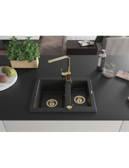 Mexen Carlos zlewozmywak granitowy 1,5-komorowy z baterią kuchenną Rita, czarny/srebrny metalik - 6518-73-670300-50, изображение 3