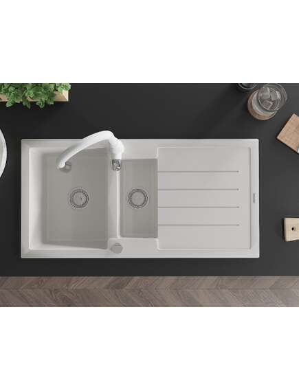 Mexen Andres zlewozmywak granitowy 1,5-komorowy z ociekaczem i baterią kuchenną Savita, biały - 6515-20-672601-20, изображение 4