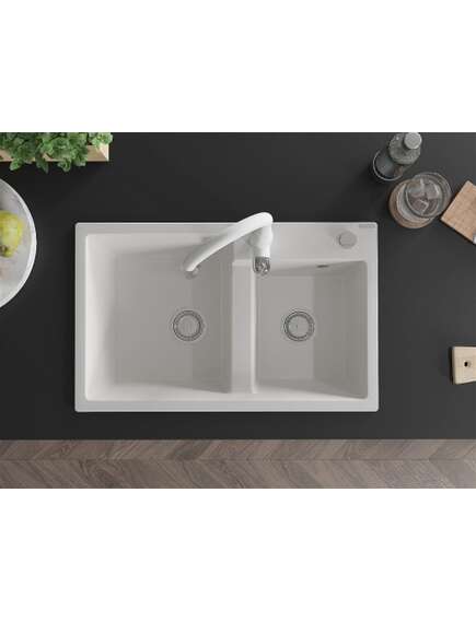 Mexen Tomas zlewozmywak granitowy 2-komorowy z baterią kuchenną Savita, biały - 6516-20-672601-20, изображение 4