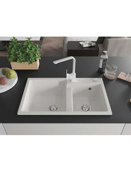 Mexen Tomas zlewozmywak granitowy 2-komorowy z baterią kuchenną Rita, biały - 6516-20-670300-20, изображение 3