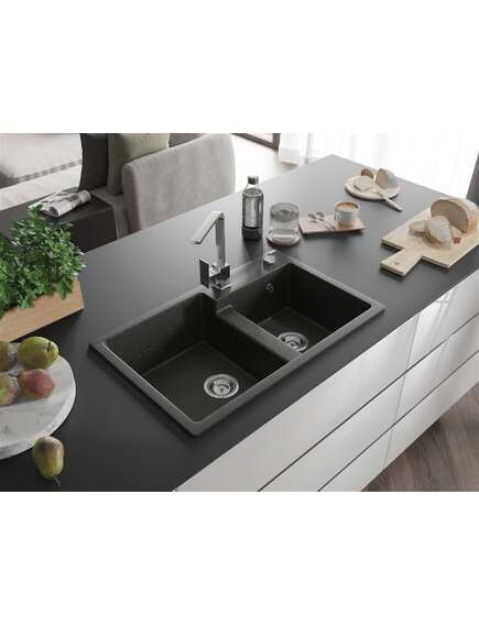 Mexen Tomas zlewozmywak granitowy 2-komorowy z baterią kuchenną Rita, czarny/złoty metalik - 6516-75-670300-00, 2 image