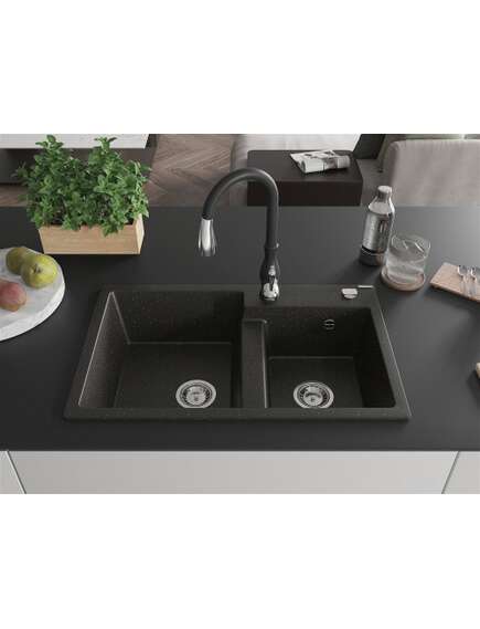 Mexen Tomas zlewozmywak granitowy 2-komorowy z baterią kuchenną Savita, czarny/złoty metalik - 6516-75-672601-70, изображение 3