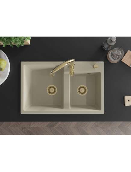 Mexen Tomas zlewozmywak granitowy 2-komorowy z baterią kuchenną Savita, beżowy - 6516-69-672601-50, изображение 4