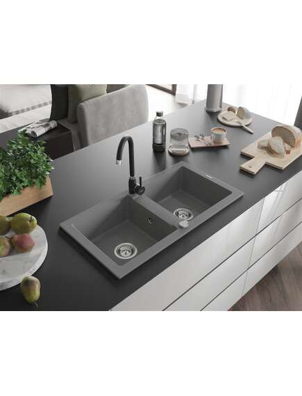 Mexen Mario zlewozmywak granitowy 2-komorowy z baterią kuchenną Telma, szary - 6504-71-670200-70, изображение 2