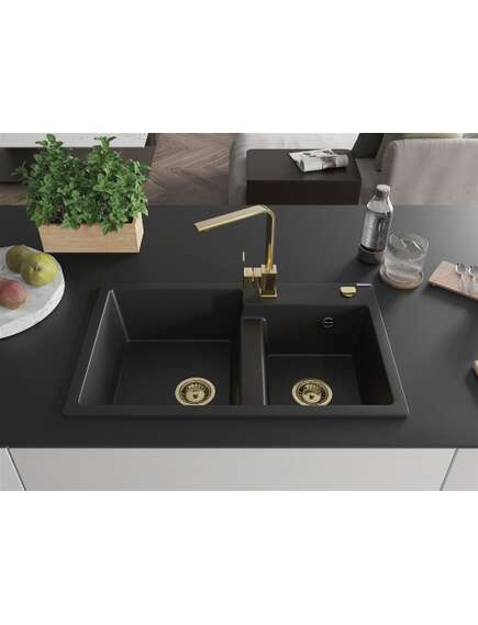 Mexen Tomas zlewozmywak granitowy 2-komorowy z baterią kuchenną Rita, czarny - 6516-77-670300-50, 3 image