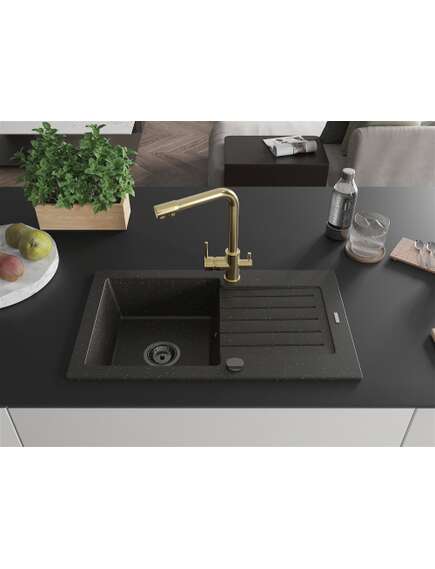 Mexen Pablo zlewozmywak granitowy 1-komorowy z ociekaczem i baterią kuchenną Duero, czarny/złoty metalik - 6510-75-671600-50-B, 3 image