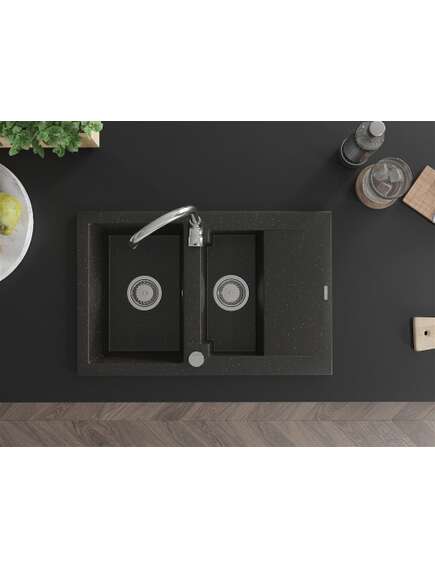 Mexen Gaspar zlewozmywak granitowy 1,5-komorowy z ociekaczem i baterią kuchenną Telma, czarny/złoty - 6507-75-670200-00, 4 image
