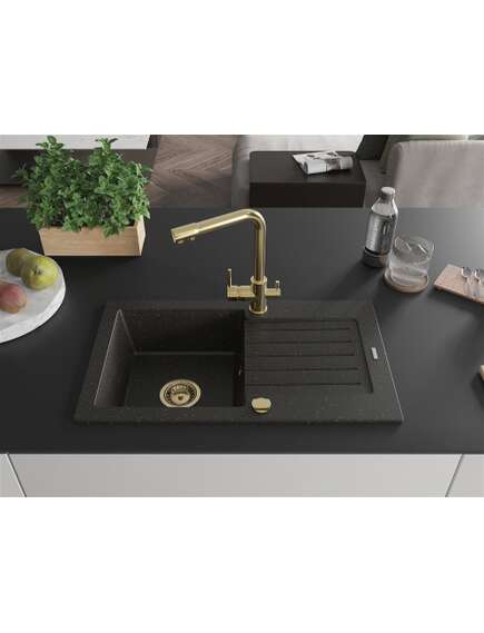 Mexen Pablo zlewozmywak granitowy 1-komorowy z ociekaczem i baterią kuchenną Duero, czarny/złoty metalik - 6510-75-671600-50, 3 image