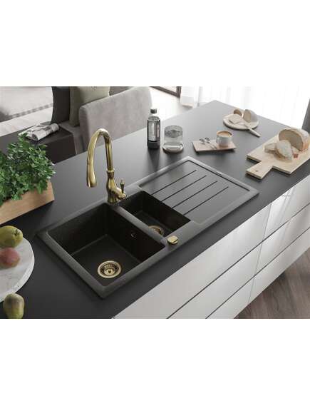 Mexen Andres zlewozmywak granitowy 1,5-komorowy z ociekaczem i baterią kuchenną Savita, czarny/złoty metalik- 6515-75-672601-50, 2 image