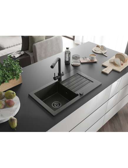 Mexen Pablo zlewozmywak granitowy 1-komorowy z ociekaczem i baterią kuchenną Duero, czarny/złoty metalik - 6510-75-671600-70-B, изображение 2