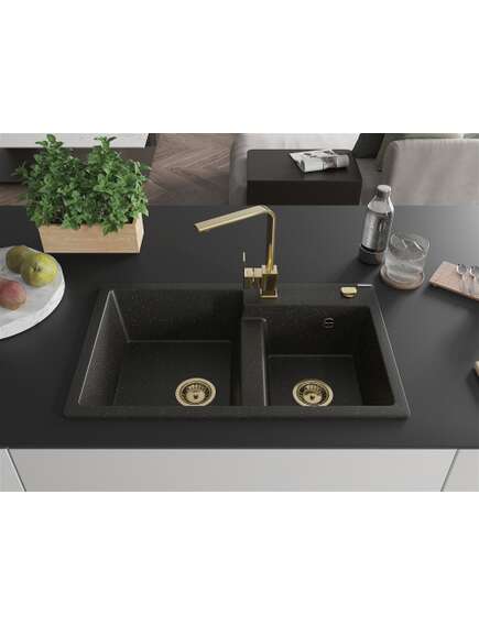Mexen Tomas zlewozmywak granitowy 2-komorowy z baterią kuchenną Rita, czarny/złoty metalik - 6516-75-670300-50, 3 image
