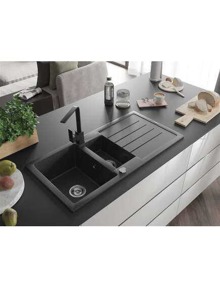 Mexen Andres zlewozmywak granitowy 1,5-komorowy z ociekaczem i baterią kuchenną Rita, czarny nakrapiany - 6515-76-670300-70, изображение 2