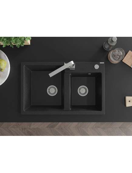 Mexen Tomas zlewozmywak granitowy 2-komorowy z baterią kuchenną Rita, czarny/srebrny metalik - 6516-73-670300-00, 4 image