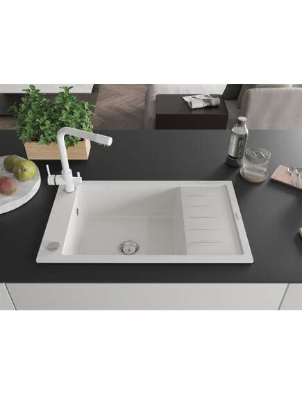 Mexen Elias zlewozmywak granitowy 1-komorowy z ociekaczem i baterią kuchenną Duero, biały - 6511-20-671600-20, изображение 3