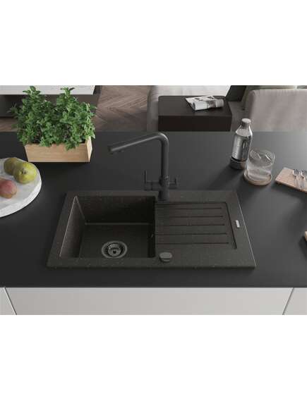 Mexen Pablo zlewozmywak granitowy 1-komorowy z ociekaczem i baterią kuchenną Duero, czarny/złoty metalik - 6510-75-671600-70-B, изображение 3