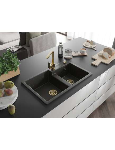 Mexen Tomas zlewozmywak granitowy 2-komorowy z baterią kuchenną Rita, czarny/złoty metalik - 6516-75-670300-50, 2 image