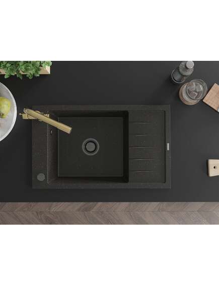 Mexen Elias zlewozmywak granitowy 1-komorowy z ociekaczem i baterią kuchenną Duero, czarny/złoty metalik - 6511-75-671600-50-B, 4 image