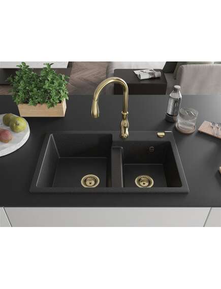 Mexen Tomas zlewozmywak granitowy 2-komorowy z baterią kuchenną Savita, czarny/srebrny metalik - 6516-73-672601-50, 3 image