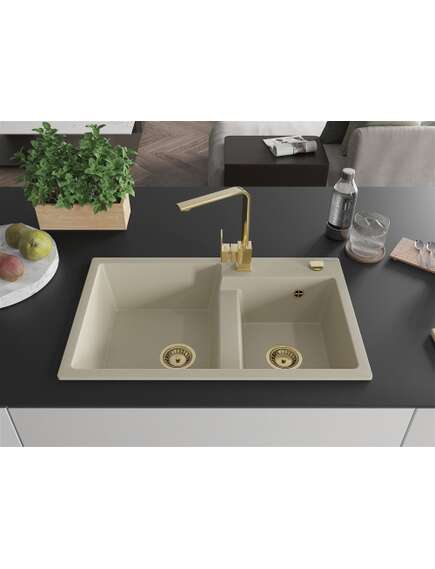 Mexen Tomas zlewozmywak granitowy 2-komorowy z baterią kuchenną Rita, beżowy - 6516-69-670300-50, изображение 3