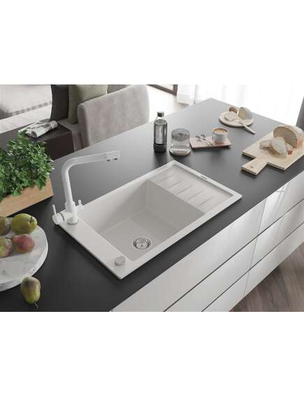 Mexen Elias zlewozmywak granitowy 1-komorowy z ociekaczem i baterią kuchenną Duero, biały - 6511-20-671600-20, изображение 2