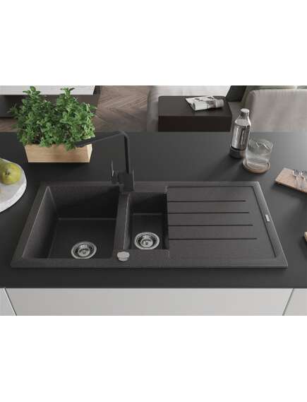 Mexen Andres zlewozmywak granitowy 1,5-komorowy z ociekaczem i baterią kuchenną Rita, czarny nakrapiany - 6515-76-670300-70, изображение 3