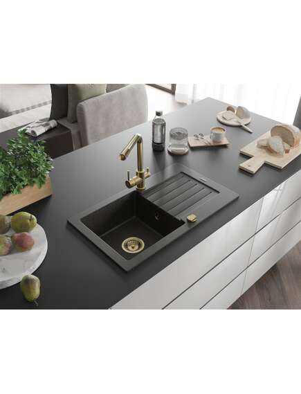Mexen Pablo zlewozmywak granitowy 1-komorowy z ociekaczem i baterią kuchenną Duero, czarny/złoty metalik - 6510-75-671600-50, 2 image