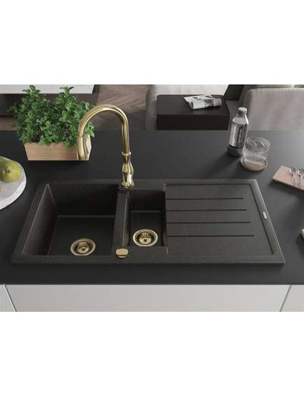 Mexen Andres zlewozmywak granitowy 1,5-komorowy z ociekaczem i baterią kuchenną Savita, czarny/złoty metalik- 6515-75-672601-50, 3 image