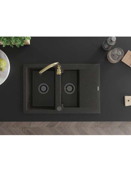Mexen Gaspar zlewozmywak granitowy 1,5-komorowy z ociekaczem i baterią kuchenną Telma, czarny/złoty - 6507-75-670200-50-B, 4 image