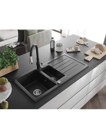 Mexen Andres zlewozmywak granitowy 1,5-komorowy z ociekaczem i baterią kuchenną Savita, czarny/srebrny - 6515-73-672601-70, 2 image