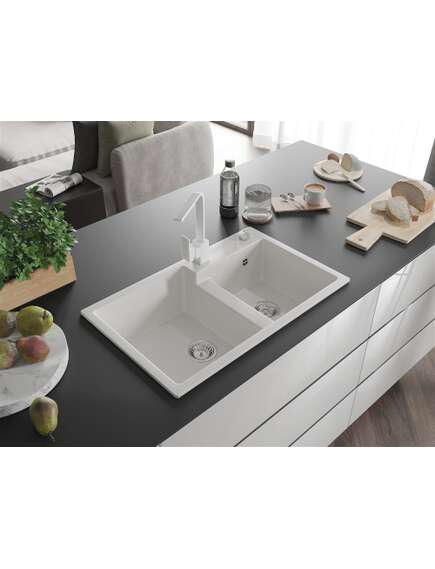 Mexen Tomas zlewozmywak granitowy 2-komorowy z baterią kuchenną Rita, biały - 6516-20-670300-20, изображение 2